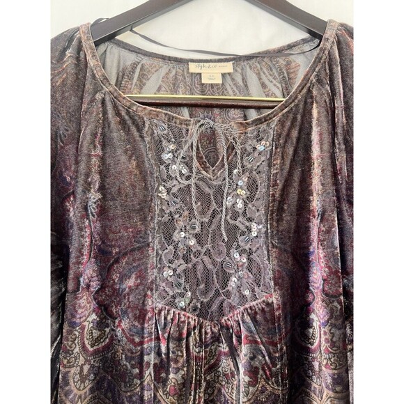 Style & Co Velvet Burnout Top 1X Crushed Lace Flare Sleeve Fairy Grunge Whimsy - Picture 3 of 10